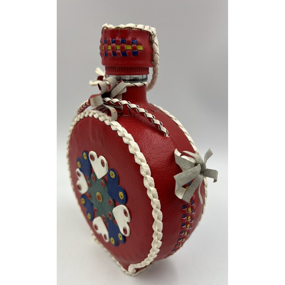 Vintage Leather Wrapped Decanter Bottle Hearts Red Folk Art Braid Art - Picture 2 of 11